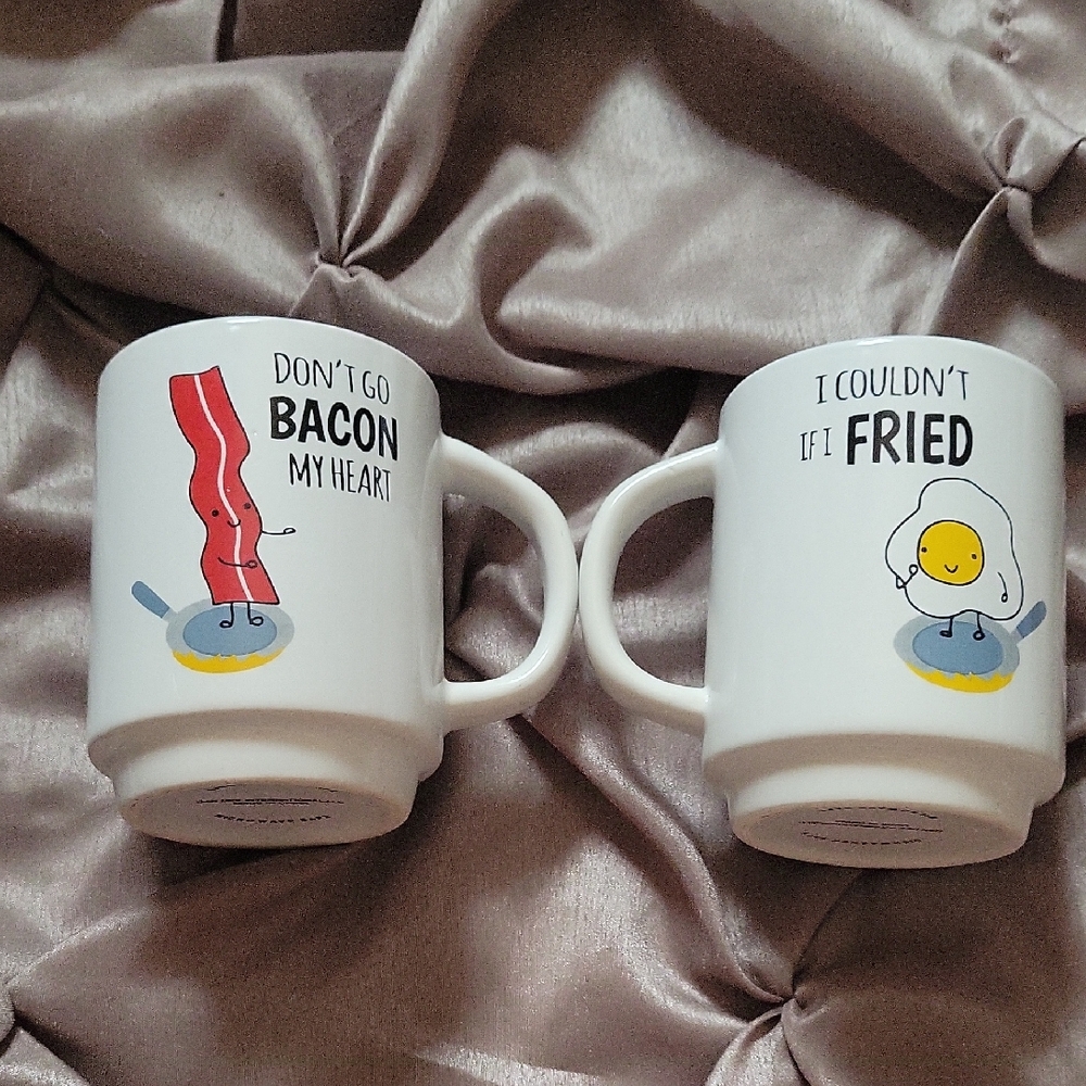 Pair of White Pun Coffee Mugs — Bacon & Egg Design